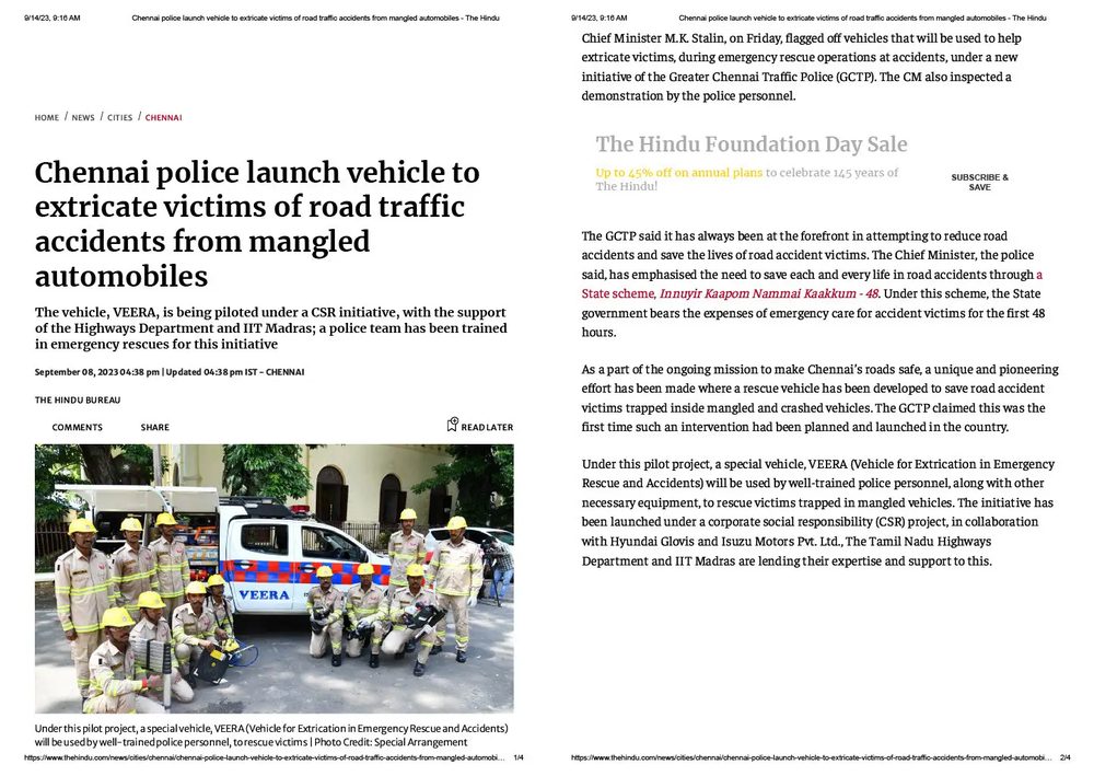 Chennai police launch vehicle to extricate victims from road traffic accidents
